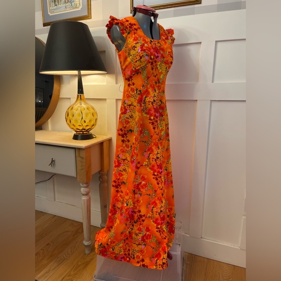 Vintage 70’s Floral Orange Maxi Dress Size Small - Picture 6 of 6